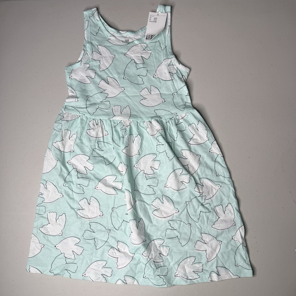 NWT H&M Kids Printed Dress Size 6X/7 Blue and White Birds Pattern